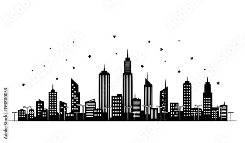 A minimalist black and white city skyline at night with stars