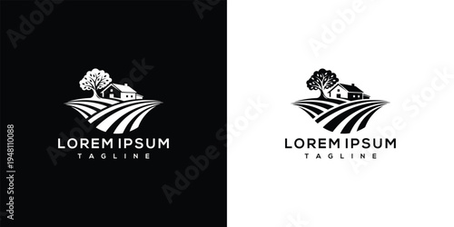 Farmhouse and Fields Logo - Rural Countryside Scene.