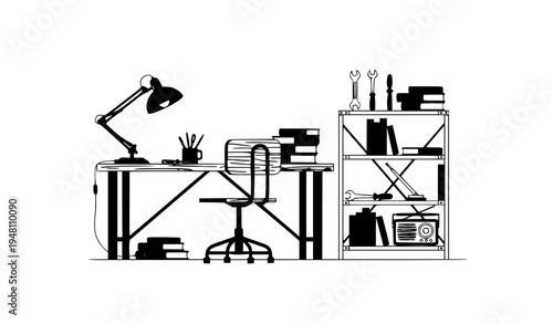 A minimalist black and white illustration of a home office workspace with desk and bookshelf