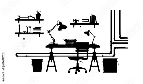 A minimalist black silhouette illustration of a cluttered industrial workspace with desk and tools