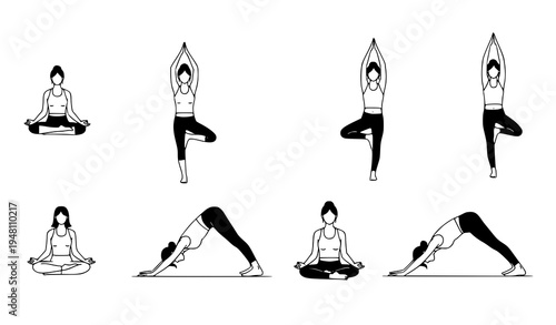 A set of yoga poses illustrated in a minimalist black and white style