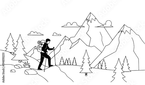 A minimalist line art illustration of a hiker in a mountainous landscape