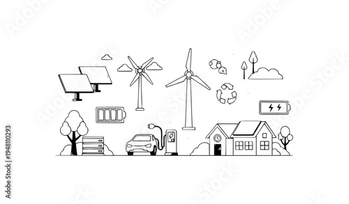 A vector graphic illustration of eco-friendly renewable energy and sustainable living