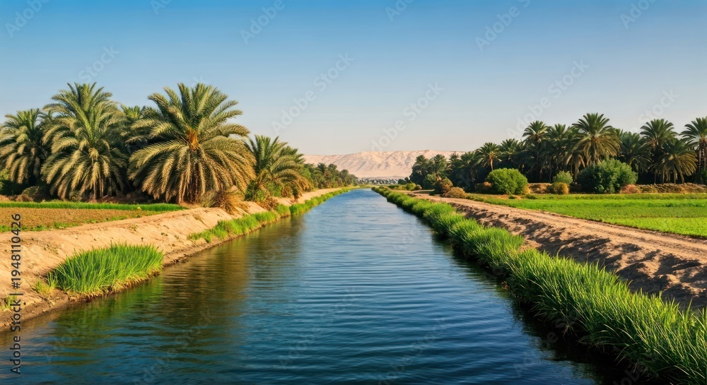 Obraz premium Canal of water framed by lush greenery, palms, and distant mountains under a clear sky