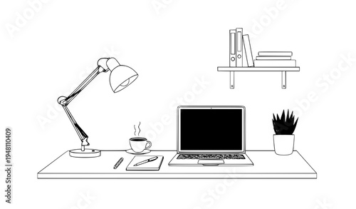 A minimalist line art illustration of a home office workspace with laptop and accessories