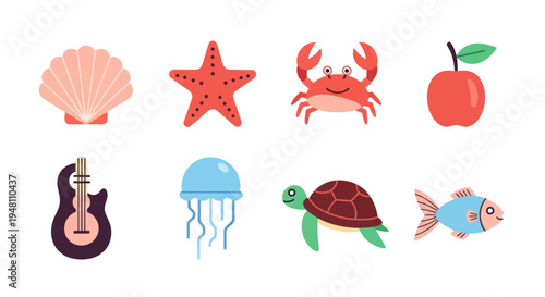 Colorful cartoon creatures and objects