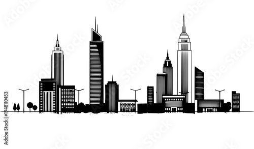 A black and white vector illustration of a city skyline with skyscrapers