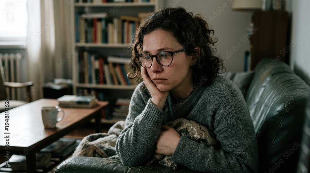Fototapeta premium Sad Young Woman with Glasses Crying While Sitting on a Sofa at Home
