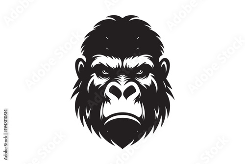 Aggressive gorilla head silhouette for sports team branding. Powerful primate face mascot for gym and fitness logo vector.