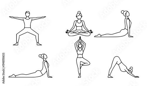 A set of six different yoga poses for flexibility and relaxation