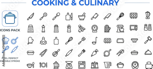 Cooking and Culinary Outline Vector Icon Collection — Kitchen Tools, Bakeware and Food Preparation Editable Stroke Symbols
