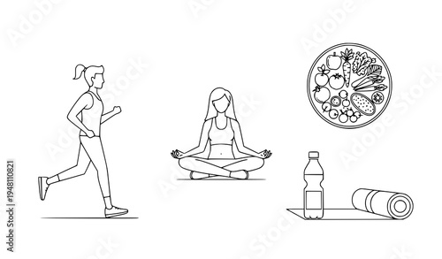 A minimalist vector graphic illustrating a healthy lifestyle with exercise and nutrition