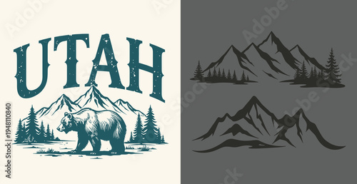 Utah mountains bear illustration with trees and outdoor scenery
