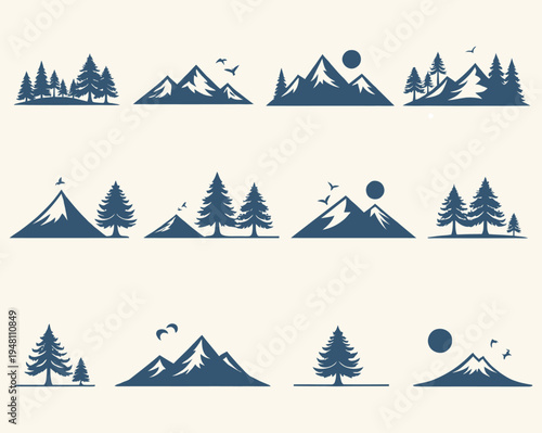 Collection of minimalist mountain and tree silhouettes in blue