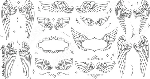 Hand Drawn Angel Wings Vector Set with Decorative Frames and Feathers for Tattoo Designs, Logos, Apparel Prints, Memorial Graphics, and Vintage Illustration Projects