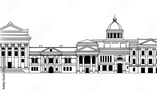 A black and white vector illustration of a row of classic buildings with columns and domes