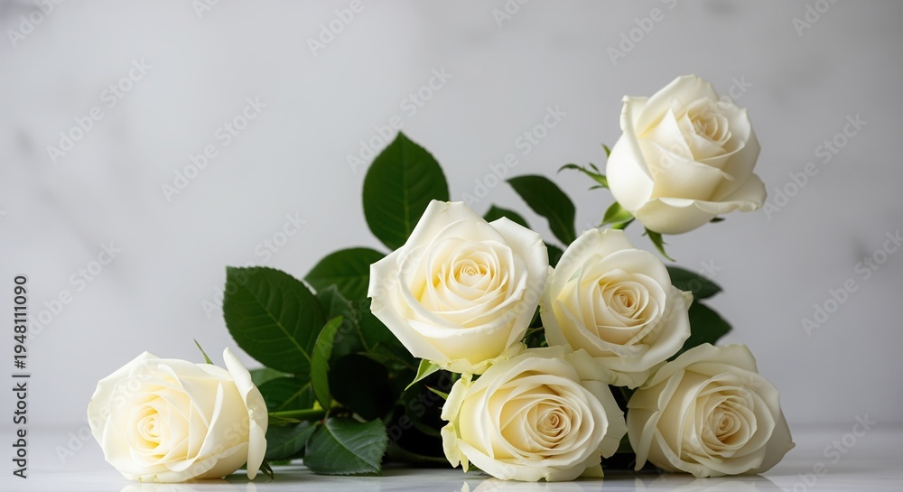 Obraz premium Elegant cream roses with lush green leaves on soft gray background. Perfect for weddings, celebrations, gifts, or home décor. This romantic floral arrangement brings warmth to any space.