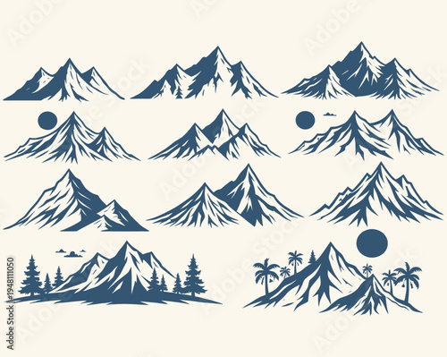 Collection of various mountain ranges and landscapes in blue monochrome