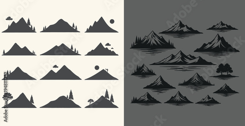 Mountain silhouettes in various shapes and sizes on white and gray backgrounds