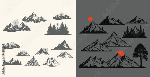 Mountain silhouettes with and without volcanic eruptions in various sizes and orientations