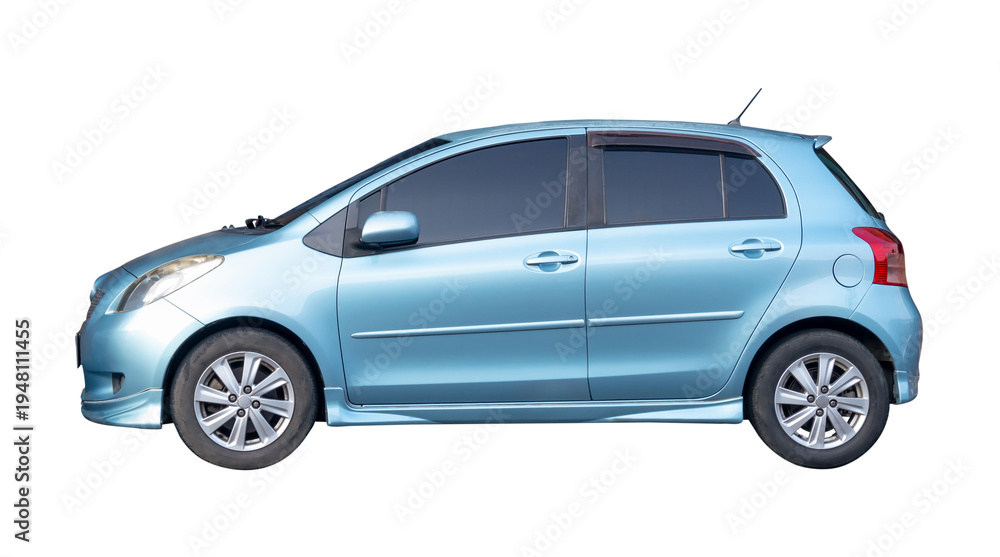 Obraz premium Left side view of mini or small blue sports hatchback car isolated on white background with clipping path