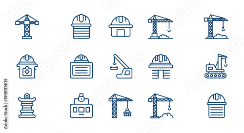 Construction icons cranes helmets and equipment