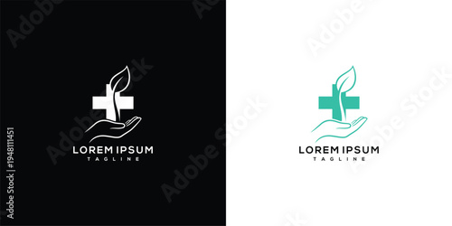 Medical Cross Hand Leaf Logo - Healthcare Nature Wellness.