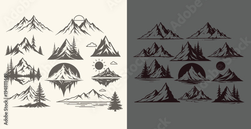 Set of Vintage Mountain Illustrations Featuring Diverse Peak Designs