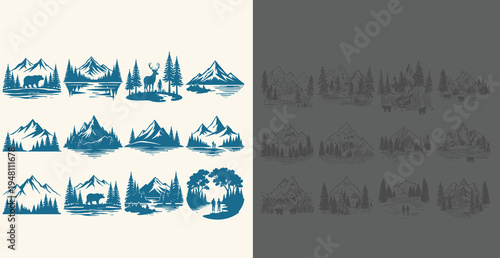 Collection of Stylized Mountain Illustrations and Landscapes in Vintage Style