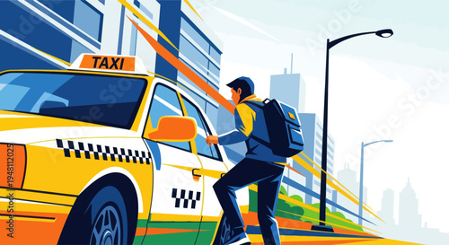 Man with backpack enters yellow taxi cab in city street, urban transport concept