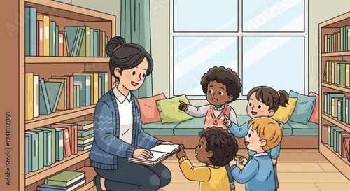 Teacher Reading Book to Diverse Children in Cozy Library Classroom