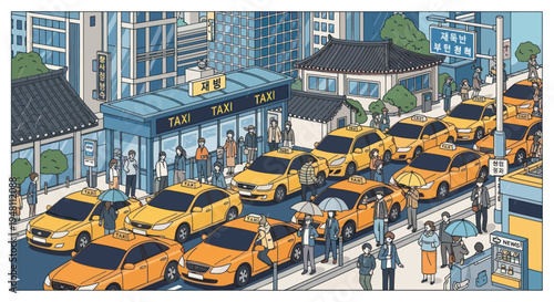 Busy City Street with Yellow Taxis and Pedestrians