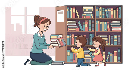 Teacher showing books to children in library, education, learning, reading, childhood