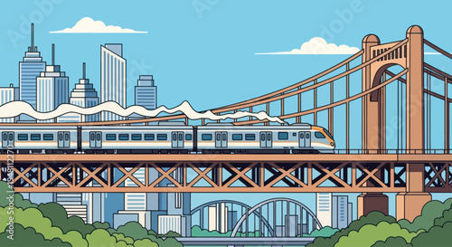 Modern train crossing a suspension bridge with cityscape background, illustration