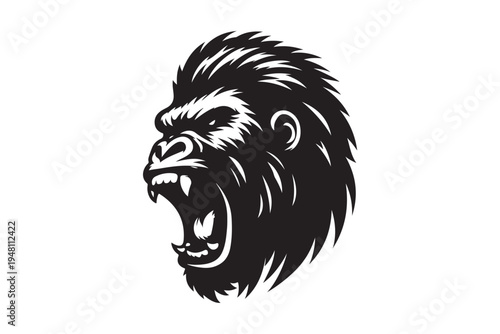 Angry gorilla head mascot silhouette with open mouth. Powerful ape face for esports gaming and sports logo design vector.