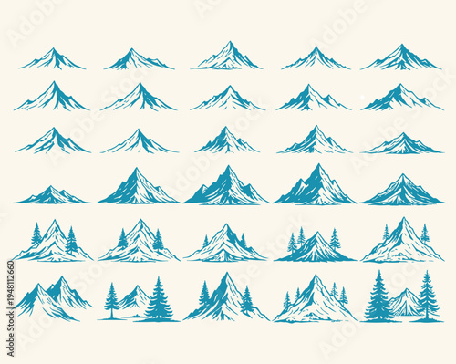 Collection of various mountain ranges and peaks in blue outline