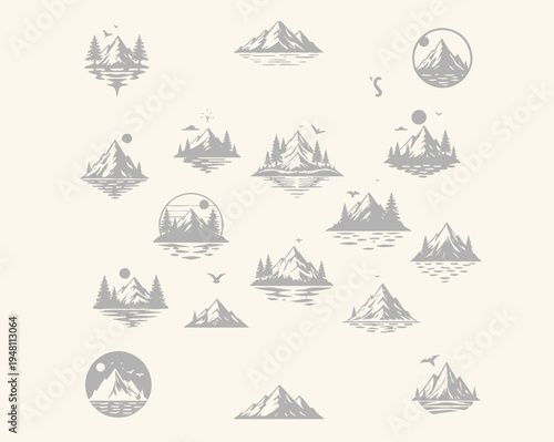 Collection of vintage style mountain range illustrations