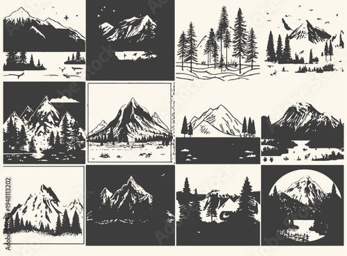 Silhouette of Bears and Mountains in Nature Landscape Illustration