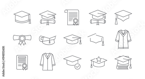 Set of Minimalist Graduation Mortarboard Diploma and Gown Line Art Icons.
