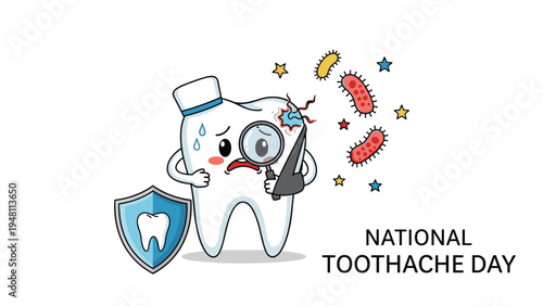 National toothache day concept with a sad tooth character being examined by a magnifying glass surrounded by germs.