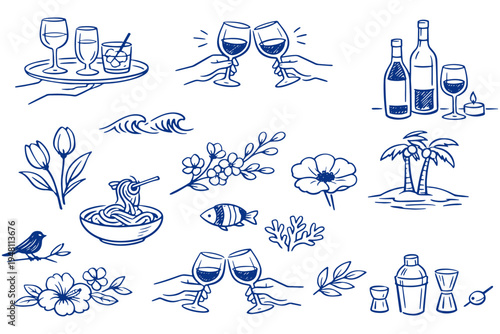 Hand Drawn Italian Cuisine Ink Vector Sicily Style Food Wine Champagne Doodles