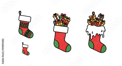 Cartoon Christmas stockings set with empty and gift-filled socks festive holiday decoration illustration.