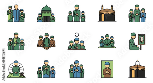 Set of Islamic icons depicting Muslim people mosques and Kaaba in flat outline style.