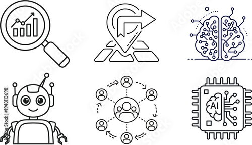 A collection of six black and white line drawings featuring a silhouette of various technological and analytical icons and a robot