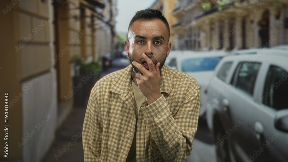 Naklejka premium Man with finger to lips touching mouth on a street beside parked cars and building facades; silence contemplation.