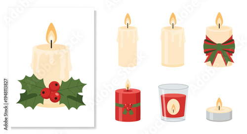 A collection of illustrated Christmas candles with festive decorations like holly berries and bows.