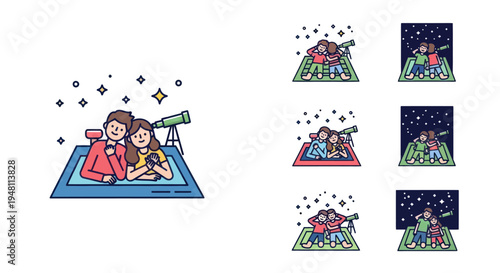 Couple stargazing with telescope on a mat under starry night sky.