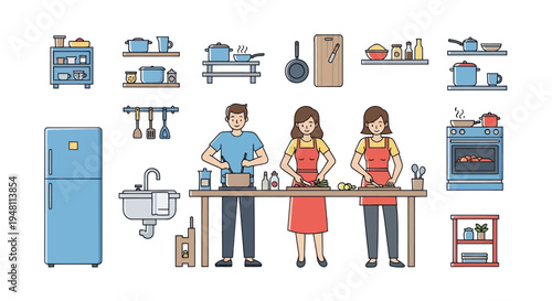 Diverse group of people cooking together in a modern kitchen setting.