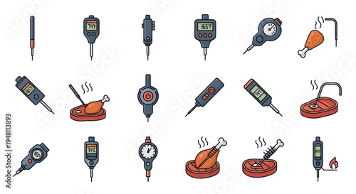 Colorful illustrated icon set of various kitchen food thermometers for measuring meat temperature.