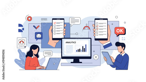 Business analytics and mobile app development concept with professionals working on laptop and checking task lists on smartphones.